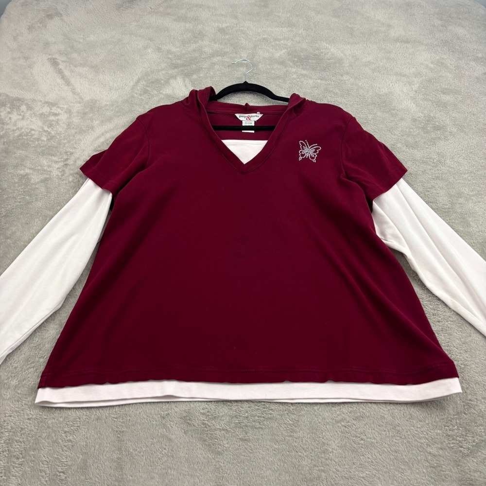 VTG George & Martha Layered Hooded Raglan‎ Shirt Womens 22/24W Burgundy Y2K Plus